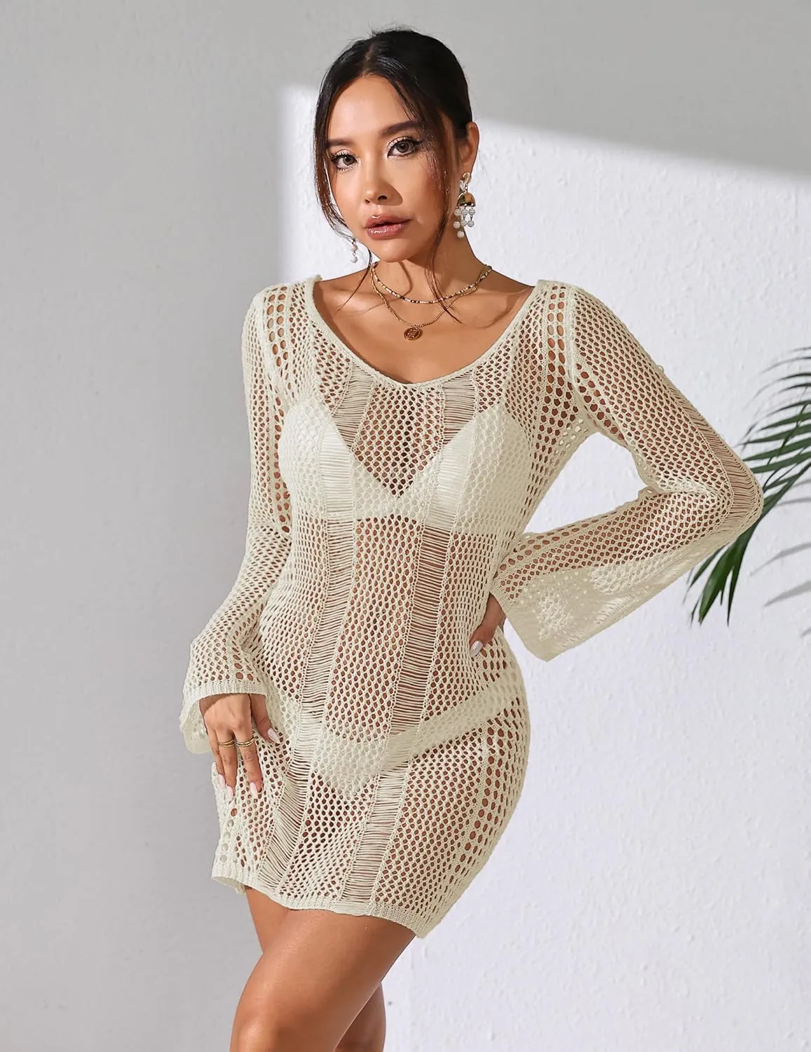 Womens Crochet Beach Cover up Sexy Backless Bathing Suit Swim Outfits Sheer Mesh Long Bell Sleeve Mini Dress 2024
