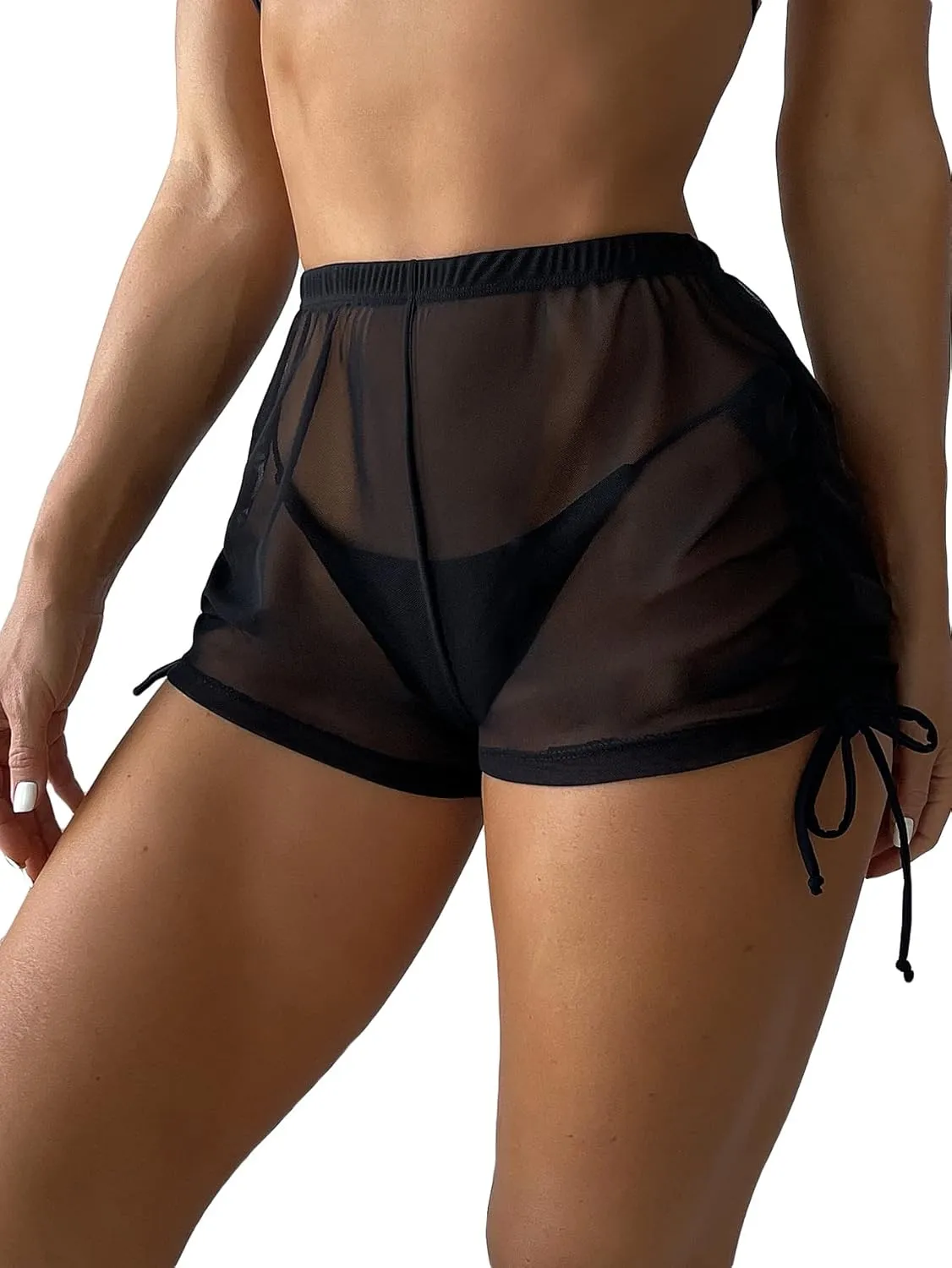 Women's Drawstring Side Mesh Sheer Beach Summer Cover Up Shorts Bikini Bottoms
