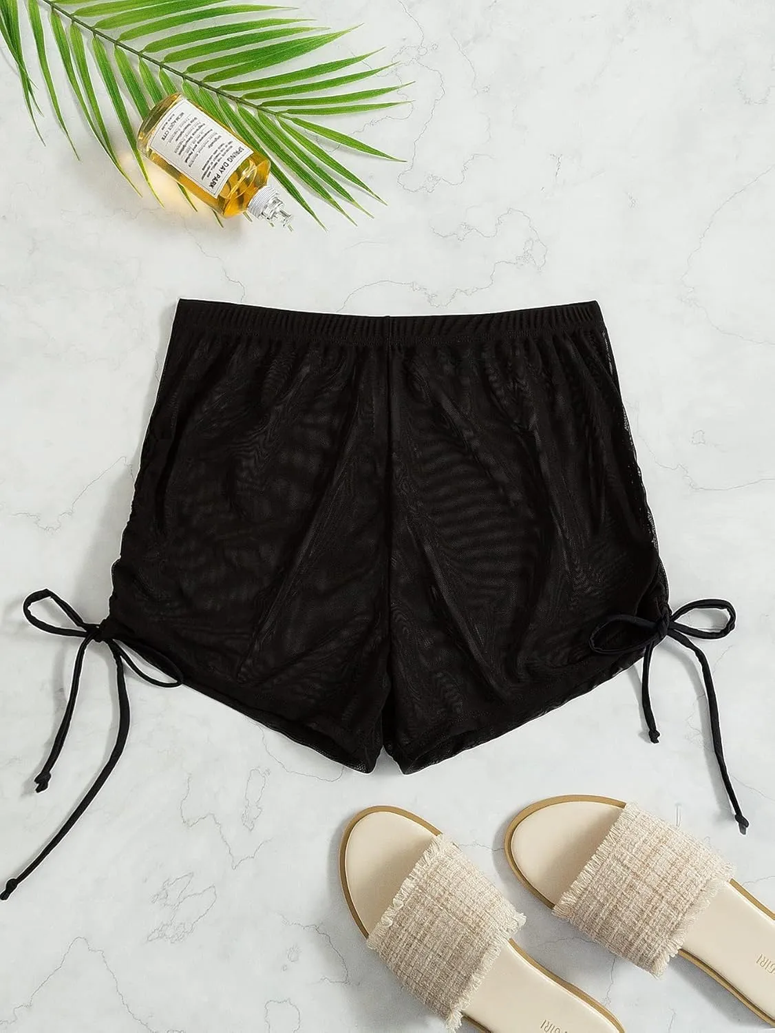 Women's Drawstring Side Mesh Sheer Beach Summer Cover Up Shorts Bikini Bottoms