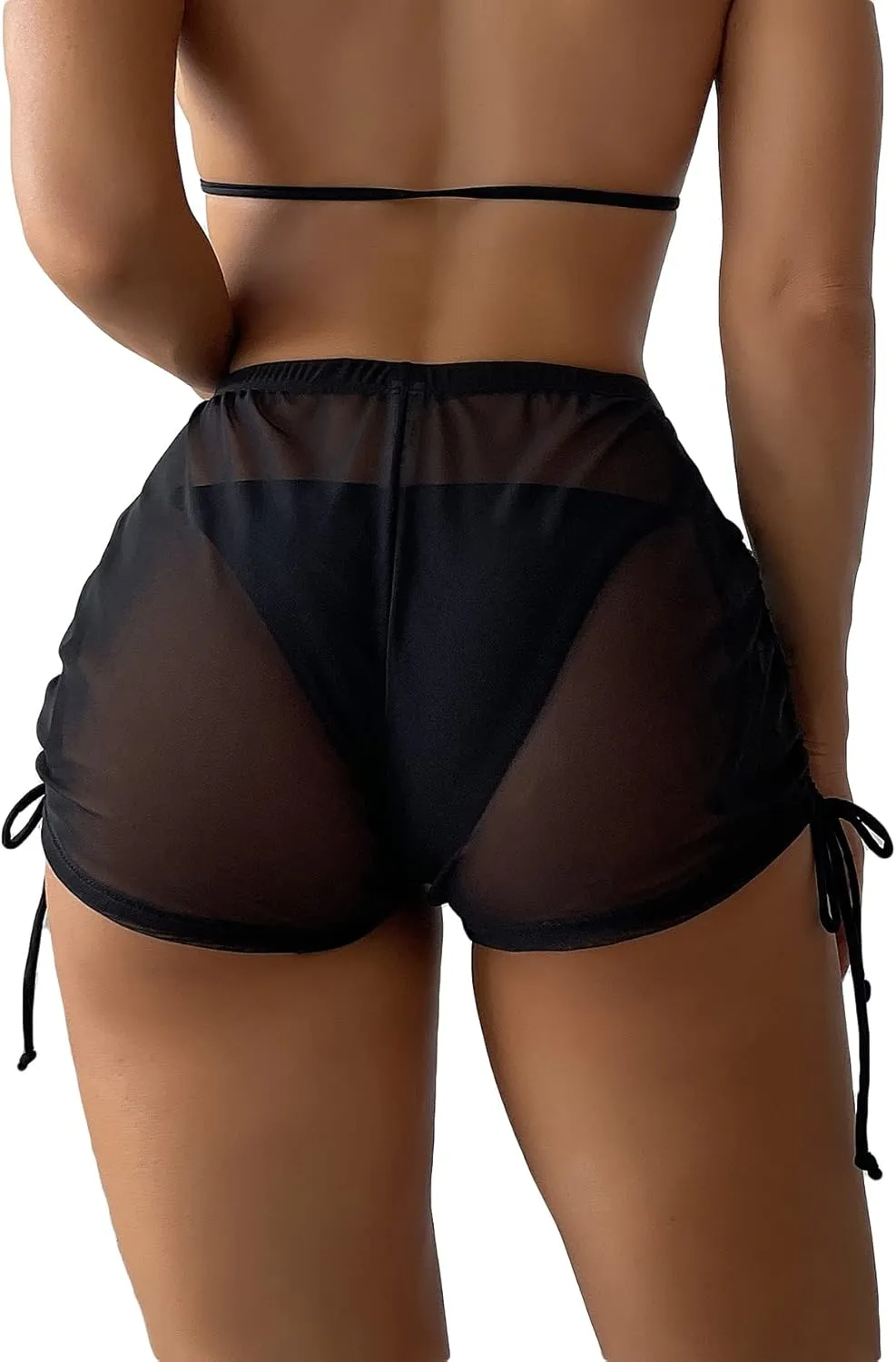 Women's Drawstring Side Mesh Sheer Beach Summer Cover Up Shorts Bikini Bottoms