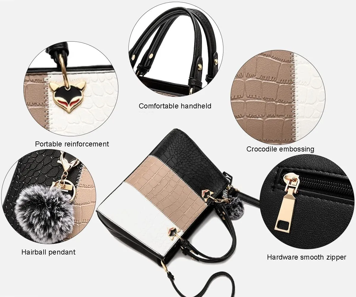 Women's Fashion Handbag Leather Shoulder Purse Color-Blocked Top-Handle Satchels