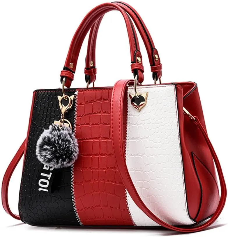 Women's Fashion Handbag Leather Shoulder Purse Color-Blocked Top-Handle Satchels