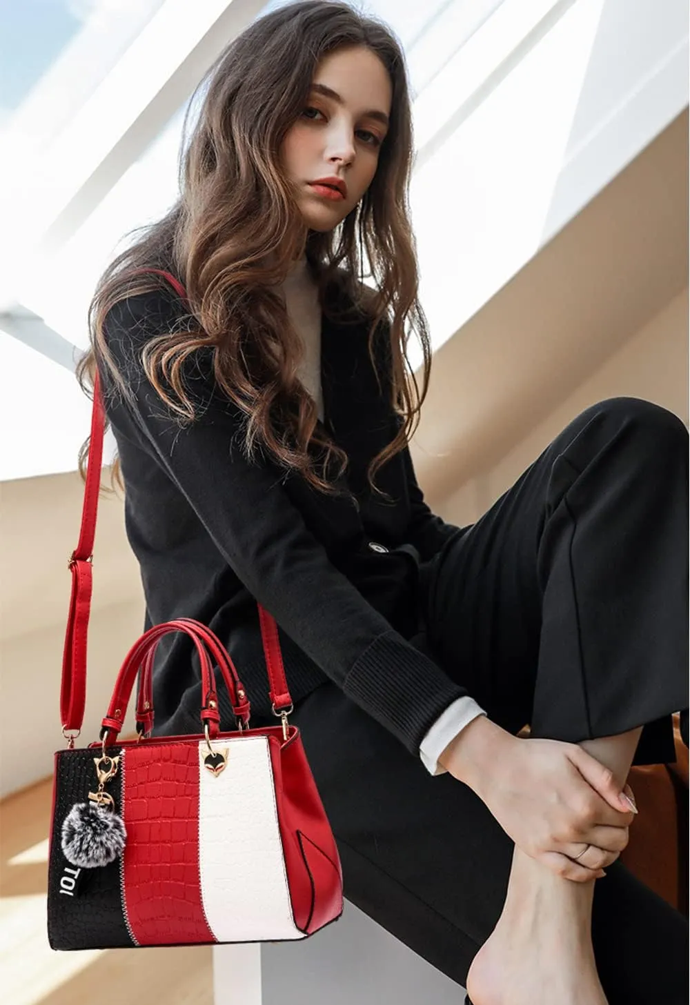 Women's Fashion Handbag Leather Shoulder Purse Color-Blocked Top-Handle Satchels