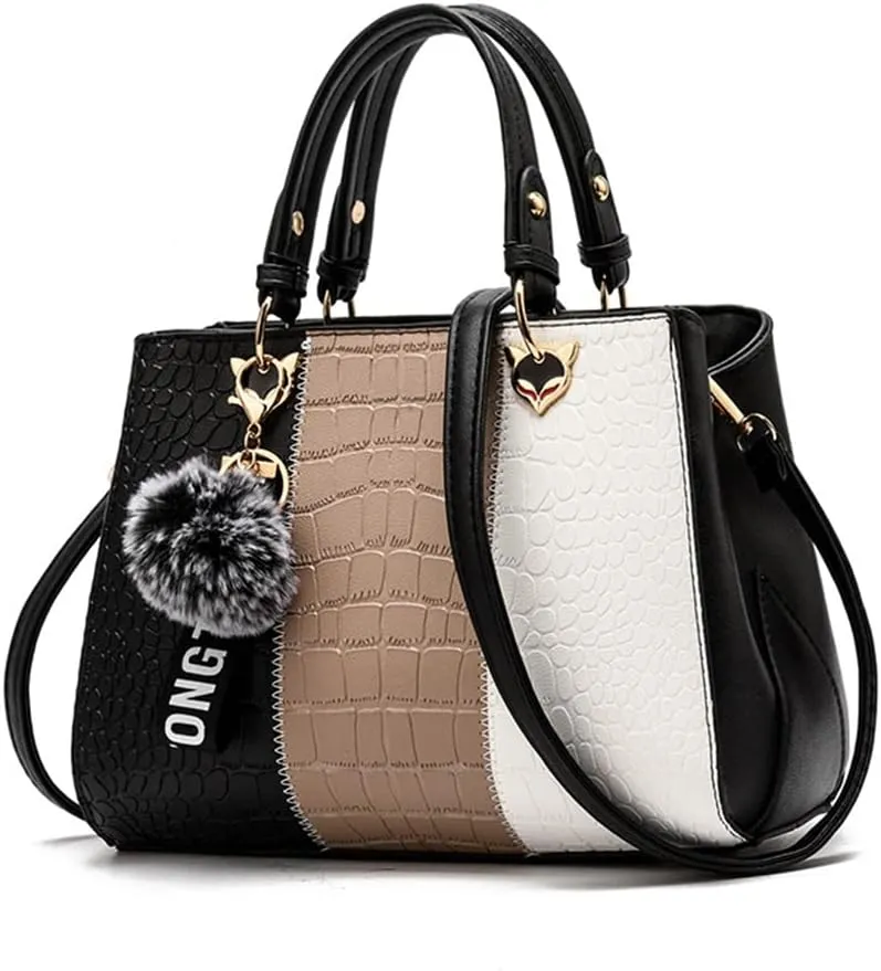 Women's Fashion Handbag Leather Shoulder Purse Color-Blocked Top-Handle Satchels
