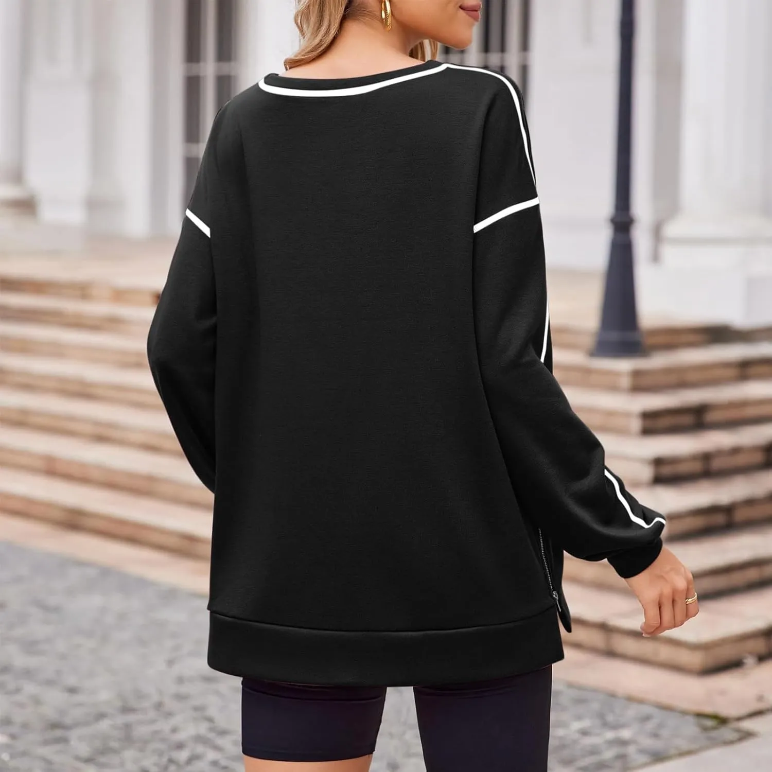Womens Fashion Hoodless Sweatshirts Crew Neck Long Sleeve Hoodie Fleece Side Zipper Pullover Top 2024 Fall Clothes