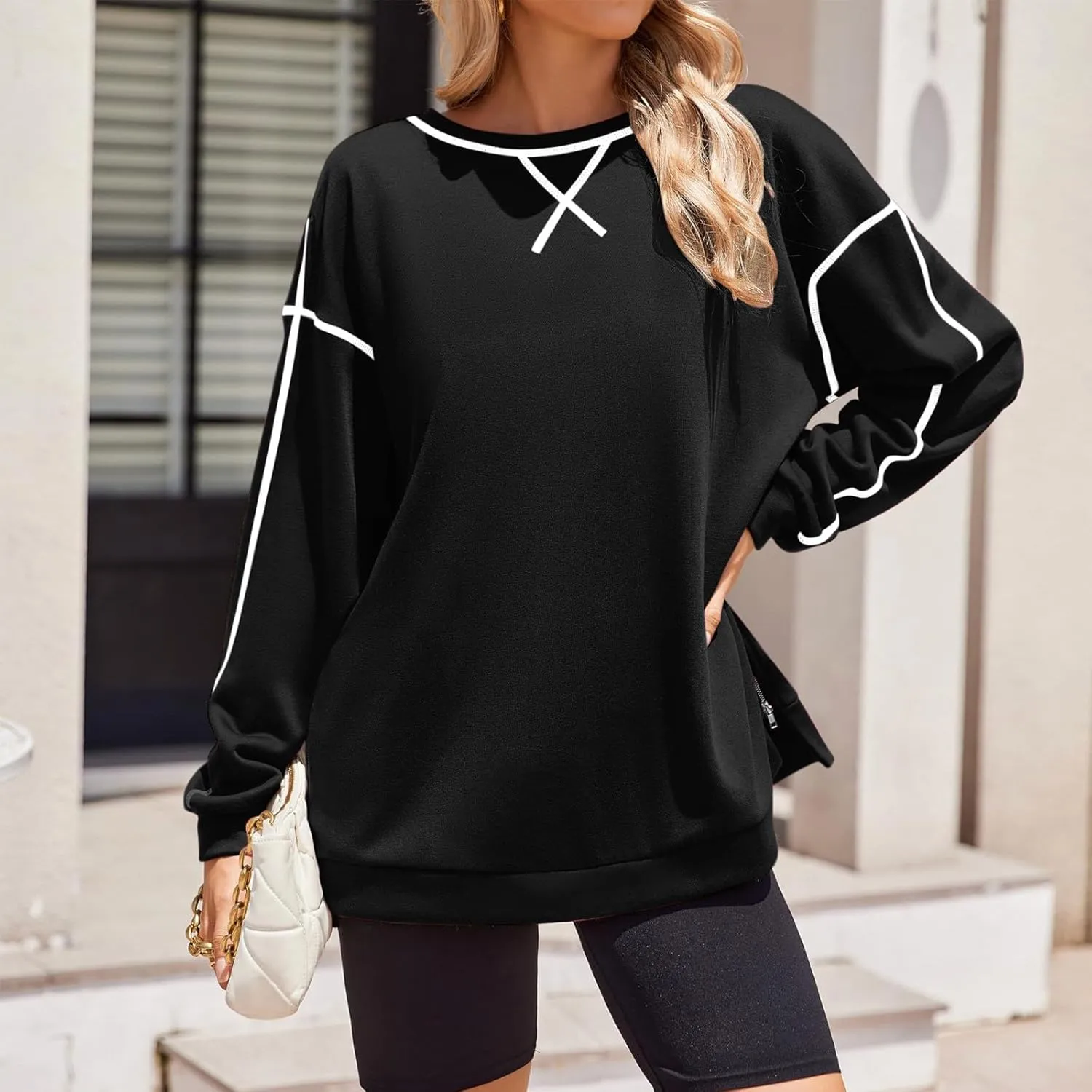 Womens Fashion Hoodless Sweatshirts Crew Neck Long Sleeve Hoodie Fleece Side Zipper Pullover Top 2024 Fall Clothes