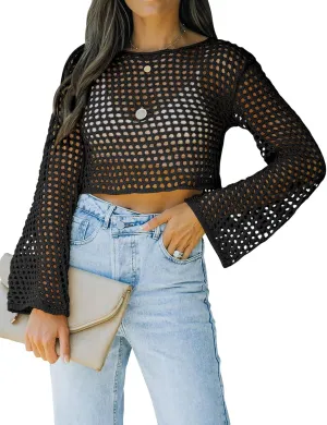Womens Fishnet Crochet Crop Top Sexy Long Sleeve See Through Hollow Out Mesh Bikini Cover Ups