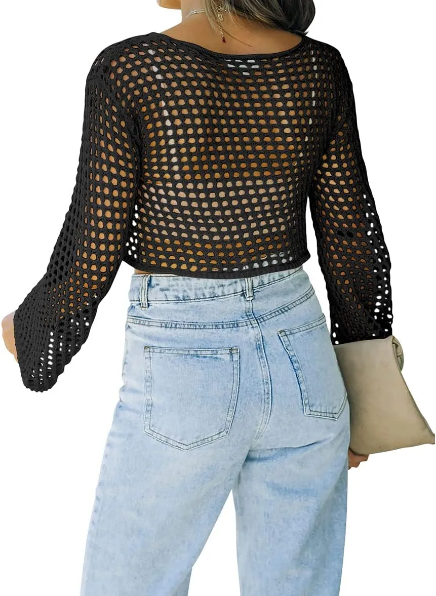 Womens Fishnet Crochet Crop Top Sexy Long Sleeve See Through Hollow Out Mesh Bikini Cover Ups