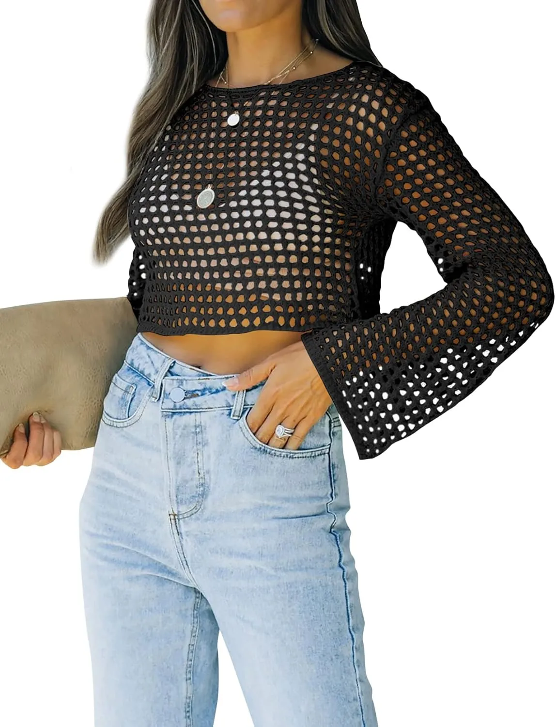 Womens Fishnet Crochet Crop Top Sexy Long Sleeve See Through Hollow Out Mesh Bikini Cover Ups