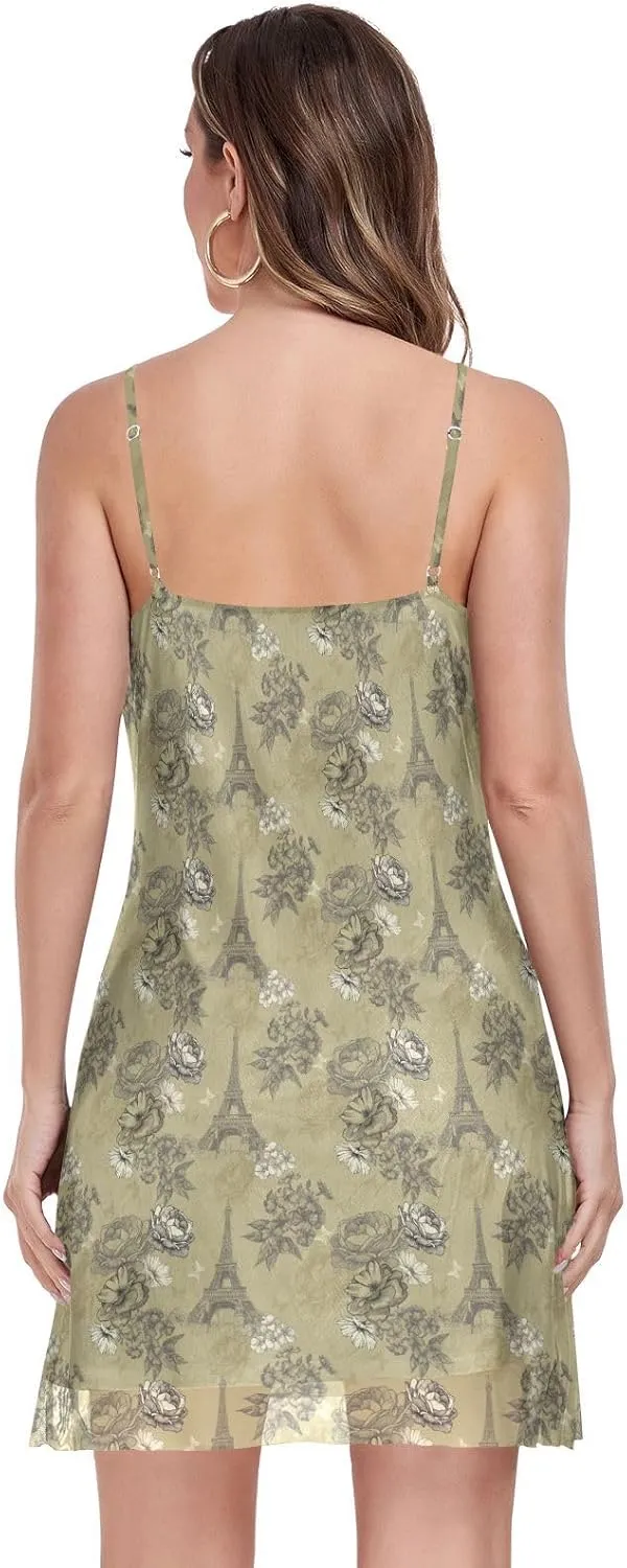 Women's Halter Sleeveless Dress Mesh V-Neck Mini Dresses