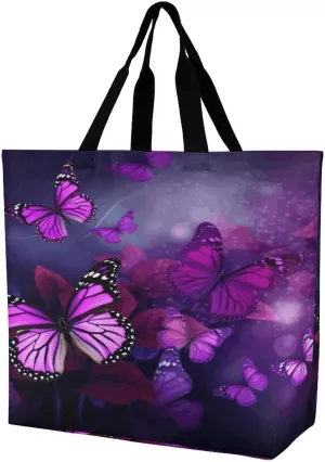 Women's Large-capacity Shoulder Shopping Bag Reusable Foldable Shopping Bags Purple Butterflies Beach Bag
