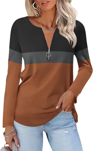 Women's Long Sleeve Shirts Zipper Color Block V Neck Tunic Tops Casual Blouse
