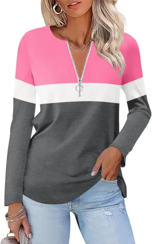 Women's Long Sleeve Shirts Zipper Color Block V Neck Tunic Tops Casual Blouse