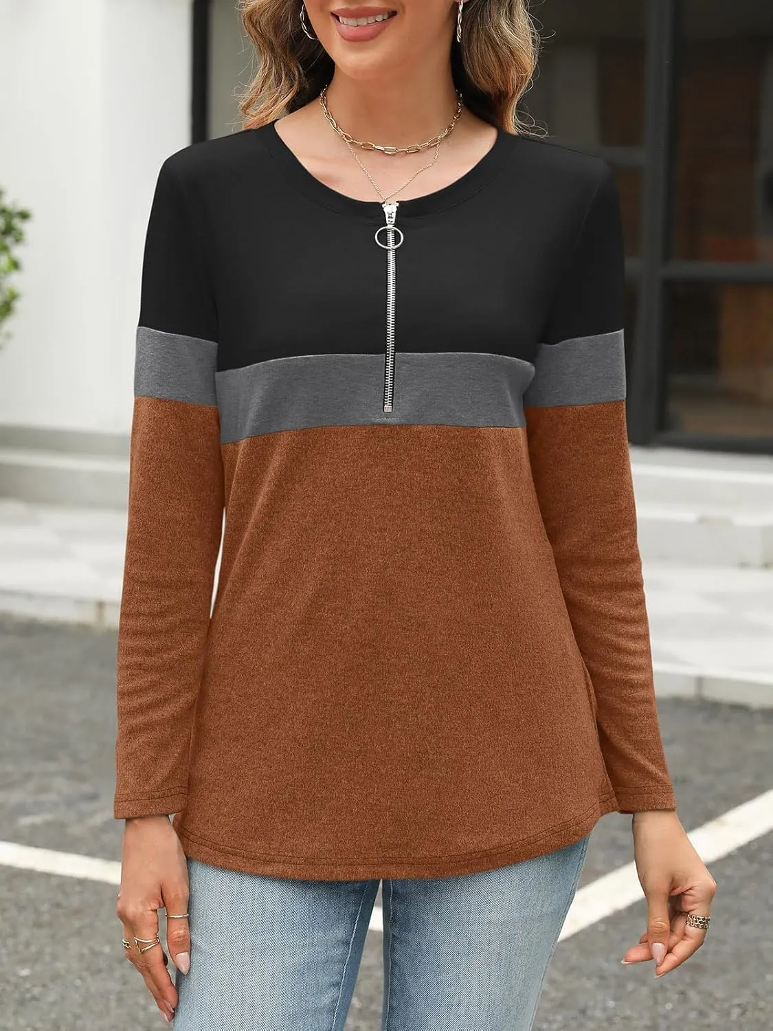 Women's Long Sleeve Shirts Zipper Color Block V Neck Tunic Tops Casual Blouse
