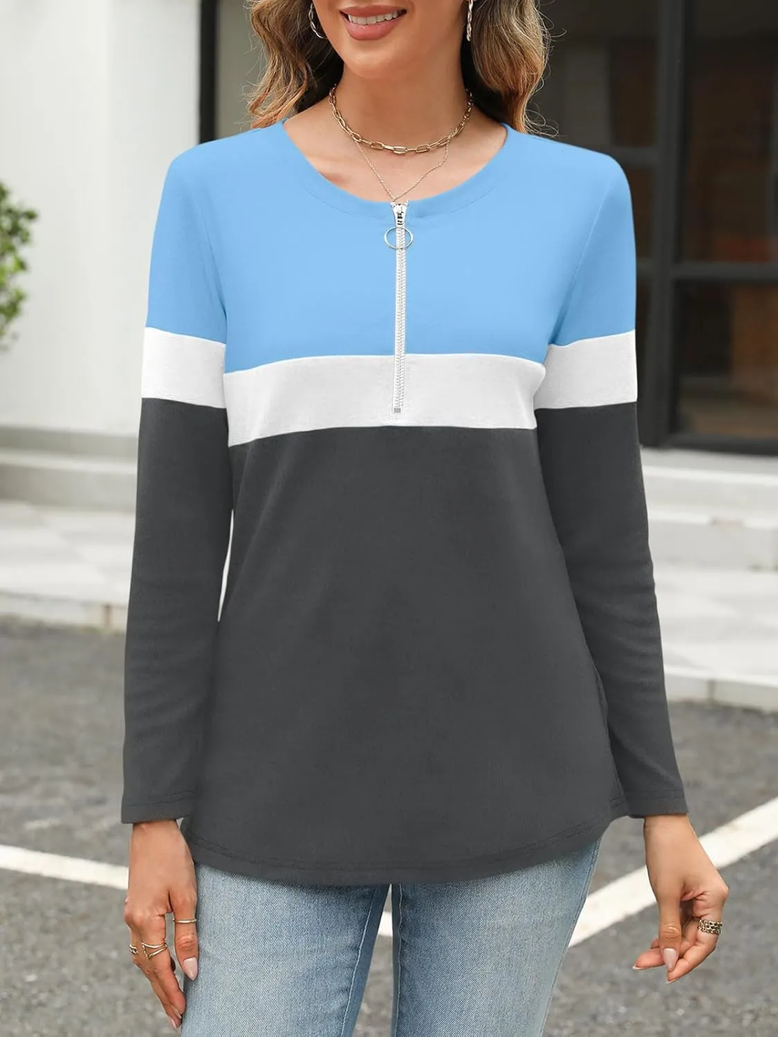 Women's Long Sleeve Shirts Zipper Color Block V Neck Tunic Tops Casual Blouse