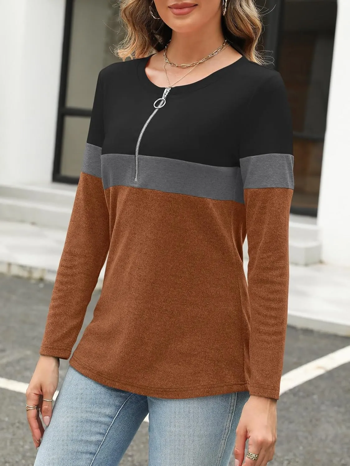 Women's Long Sleeve Shirts Zipper Color Block V Neck Tunic Tops Casual Blouse