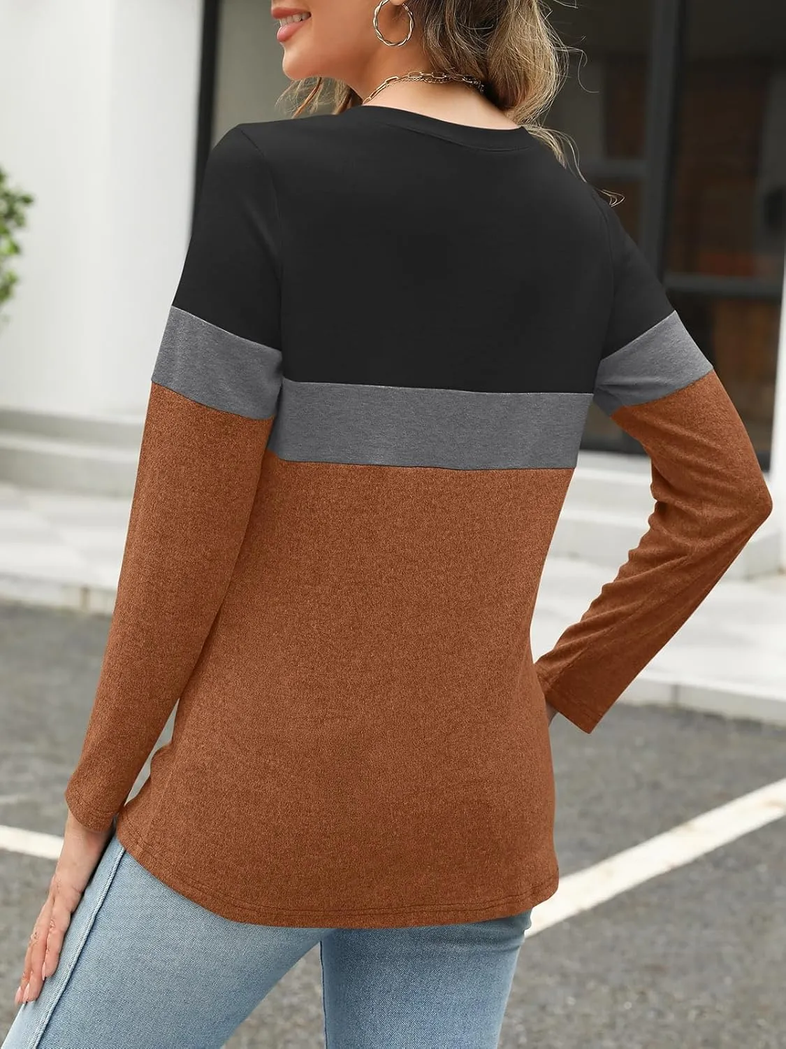 Women's Long Sleeve Shirts Zipper Color Block V Neck Tunic Tops Casual Blouse