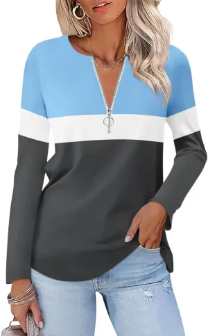Women's Long Sleeve Shirts Zipper Color Block V Neck Tunic Tops Casual Blouse