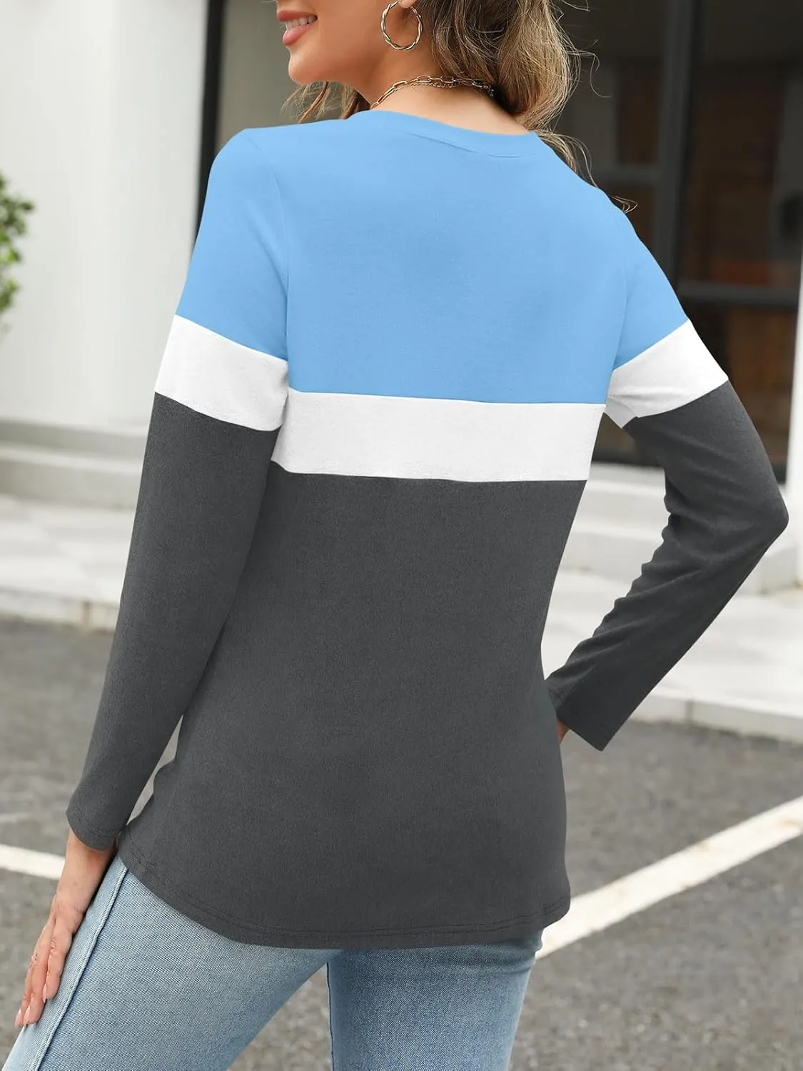 Women's Long Sleeve Shirts Zipper Color Block V Neck Tunic Tops Casual Blouse