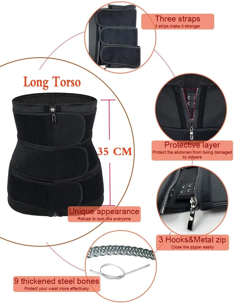 Womens Long Torso Waist Trainer with 9 Steel Bones Trimmer Cincher Workout Sweat Bands Sauna Belt Lower Belly Fat