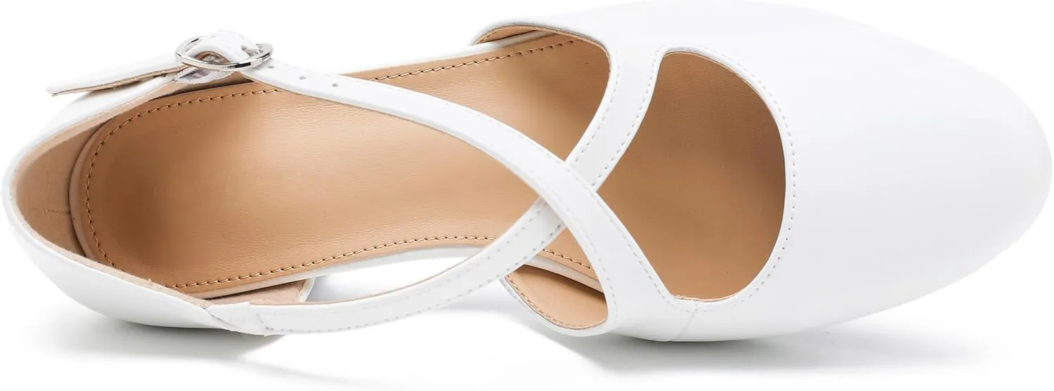 Women's Low Chunky Heel Pumps Cross Strap Closed Toe Dress Shoes