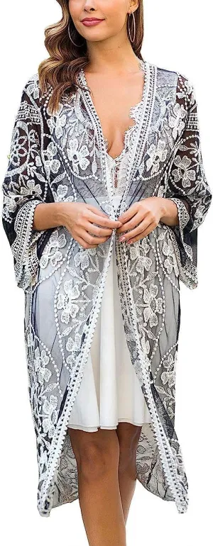 Women's mesh Lace Cardigan Floral Crochet Sheer Beach Cover Up Long Kimono