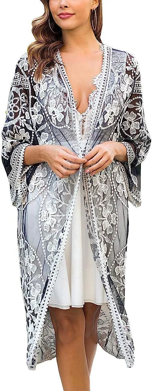 Women's mesh Lace Cardigan Floral Crochet Sheer Beach Cover Up Long Kimono