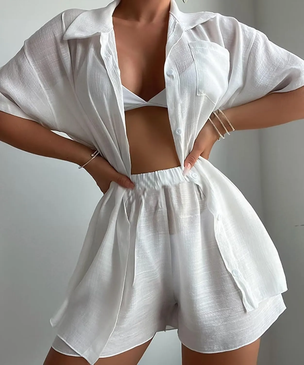 Women's Sheer Mesh Bathing Suit Triangle Halter Swimsuit Bikini Set Cover Up