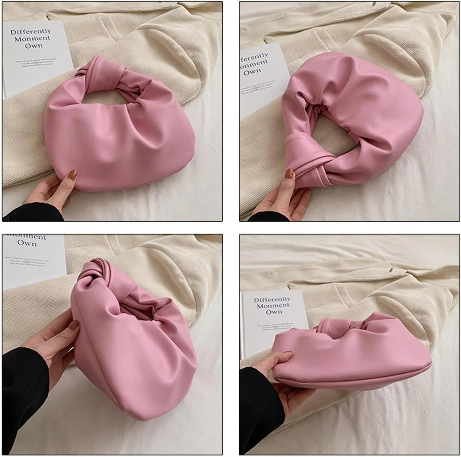 Women's Wrinkled Leather Cloud Shape Knotted Handbag Fashion Y2K Dumpling Underarm Hobo Clutch Purse for Party Shopping (Purple)