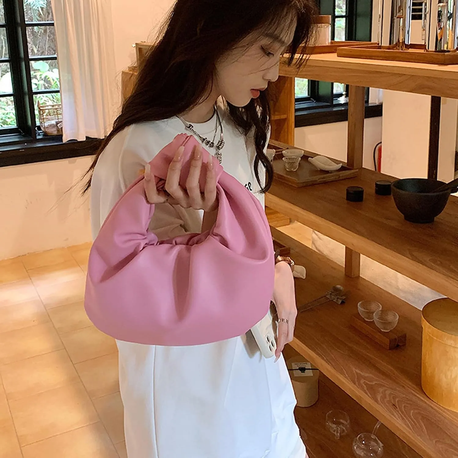 Women's Wrinkled Leather Cloud Shape Knotted Handbag Fashion Y2K Dumpling Underarm Hobo Clutch Purse for Party Shopping (Purple)