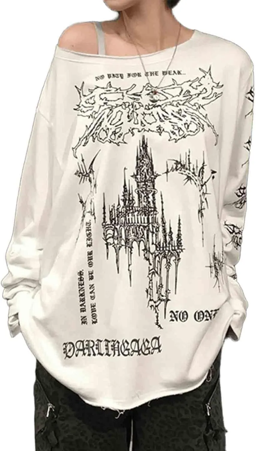 Women's Y2K Retro Printed Slanted Shoulder top, Loose and Slimming, Casual and Versatile Long Sleeved T-Shirt