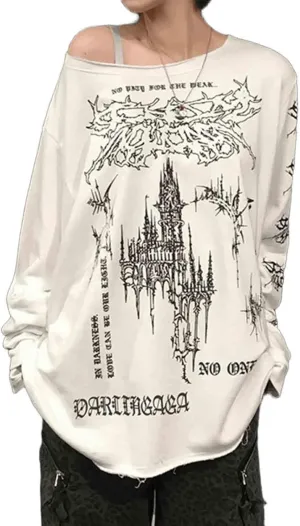 Women's Y2K Retro Printed Slanted Shoulder top, Loose and Slimming, Casual and Versatile Long Sleeved T-Shirt