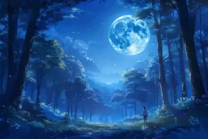 Wooden Jigsaw Puzzle 500 Piece Blue Moonlit Forest Anime Wooden Jigsaw Puzzles Challenging Educational Interactive Toys for Family Creative Gift Thick Sturdy Hard Challenging Difficult
