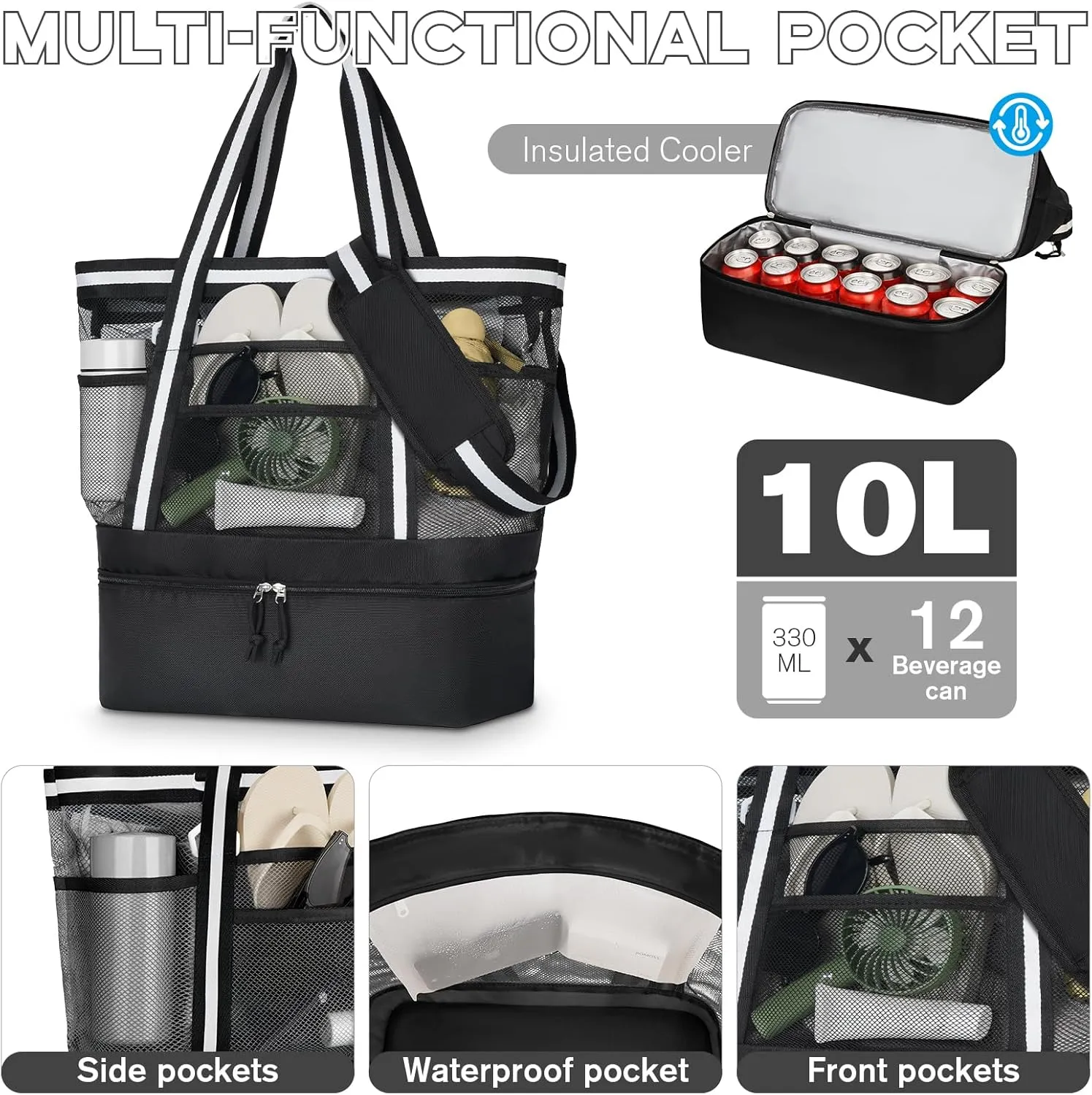 WOOMADA Beach Tote Bag With Cooler, Large Mesh Beach Bags for Women with Wet Pocket, Pool, Swim, Travel Essentials