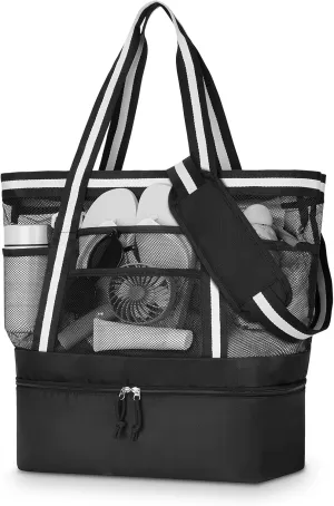 WOOMADA Beach Tote Bag With Cooler, Large Mesh Beach Bags for Women with Wet Pocket, Pool, Swim, Travel Essentials