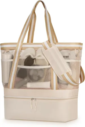 WOOMADA Beach Tote Bag With Cooler, Large Mesh Beach Bags for Women with Wet Pocket, Pool, Swim, Travel Essentials