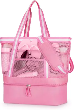WOOMADA Beach Tote Bag With Cooler, Large Mesh Beach Bags for Women with Wet Pocket, Pool, Swim, Travel Essentials