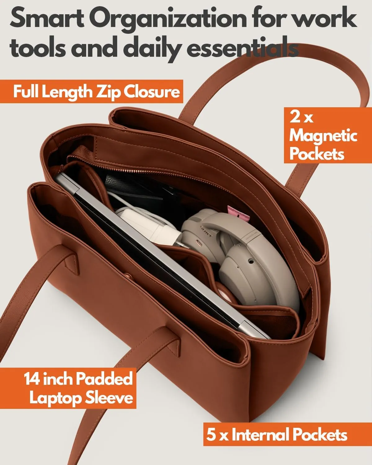 Work Tote Bags for Women 14Inch - Laptop Tote Bag with Zip Compartments - Large PU Leather Professional Office Purse