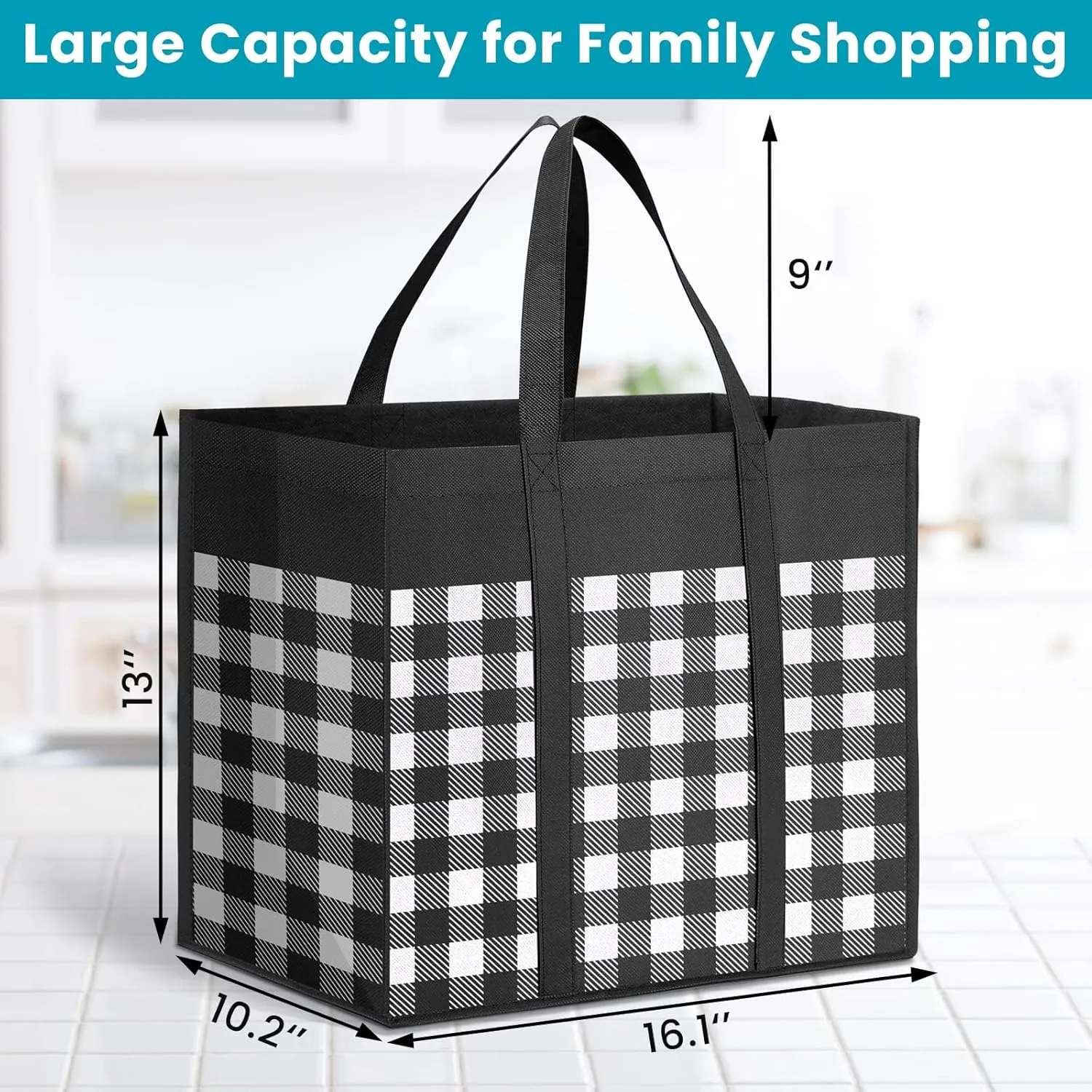 WOWBOX Reusable Grocery Bags,4-Pack, Foldable Reusable Shopping Tote Bags bulk with Reinforced Handles,Large Storage Bags with Water Resistant Coating for Groceries,Multipurpose,Black-White
