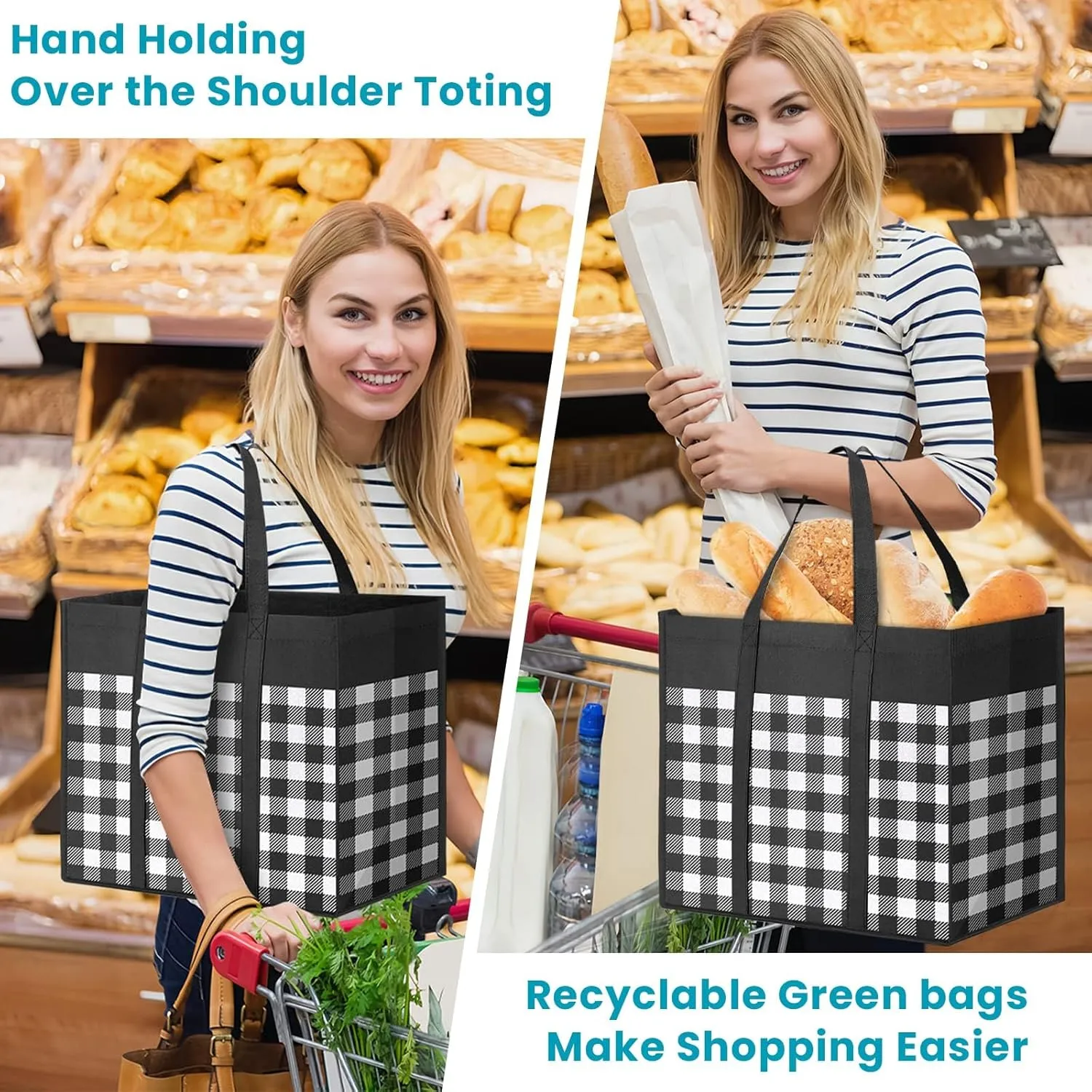 WOWBOX Reusable Grocery Bags,4-Pack, Foldable Reusable Shopping Tote Bags bulk with Reinforced Handles,Large Storage Bags with Water Resistant Coating for Groceries,Multipurpose,Black-White