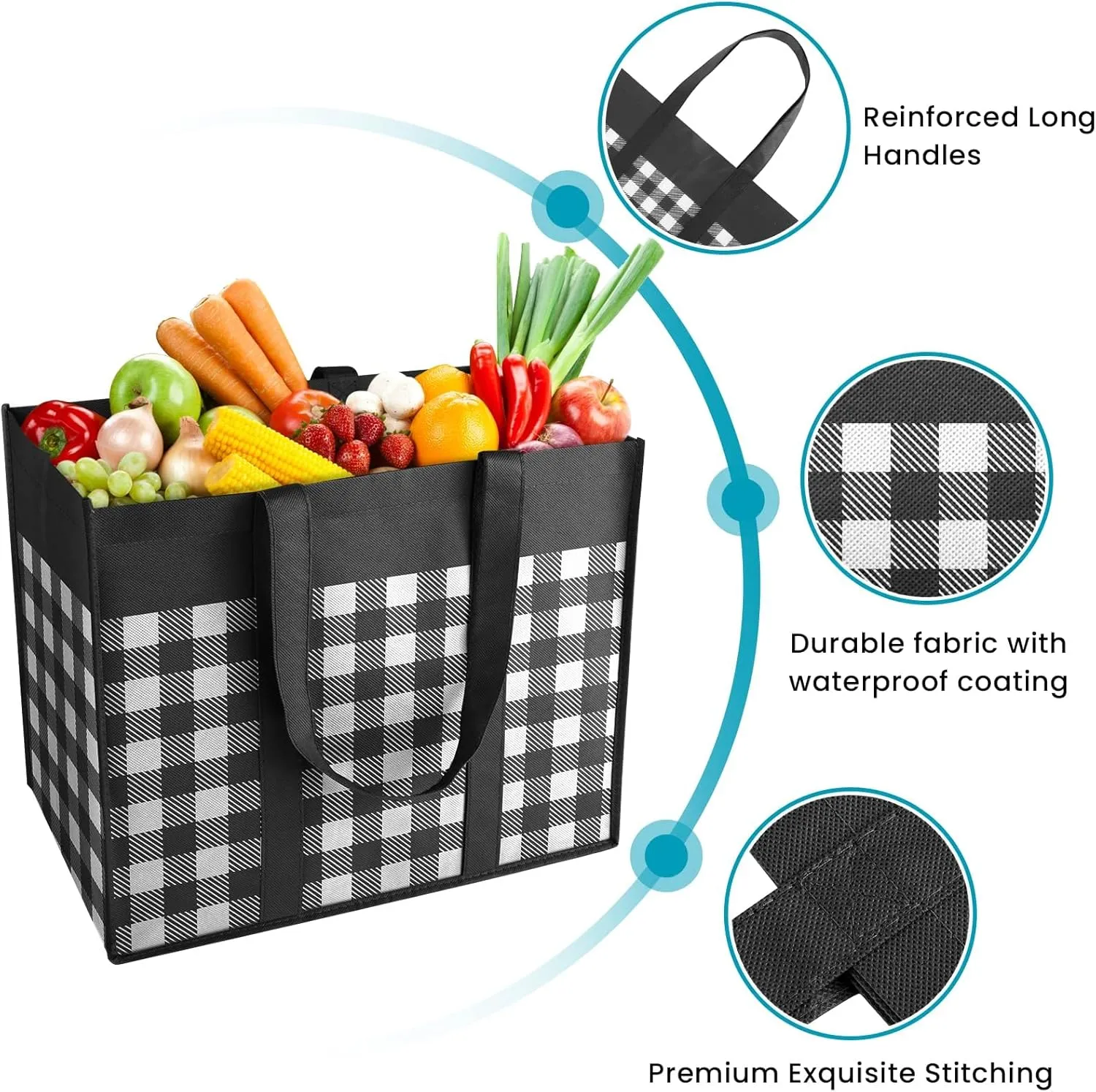 WOWBOX Reusable Grocery Bags,4-Pack, Foldable Reusable Shopping Tote Bags bulk with Reinforced Handles,Large Storage Bags with Water Resistant Coating for Groceries,Multipurpose,Black-White