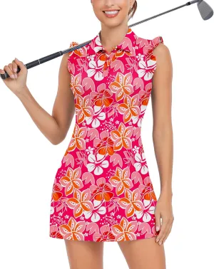 WOWENY Tennis Dress Polo Buttons Golf Dresses with Built in Shorts and Pockets Ruffle Sleeveless Athletic Workout Dress