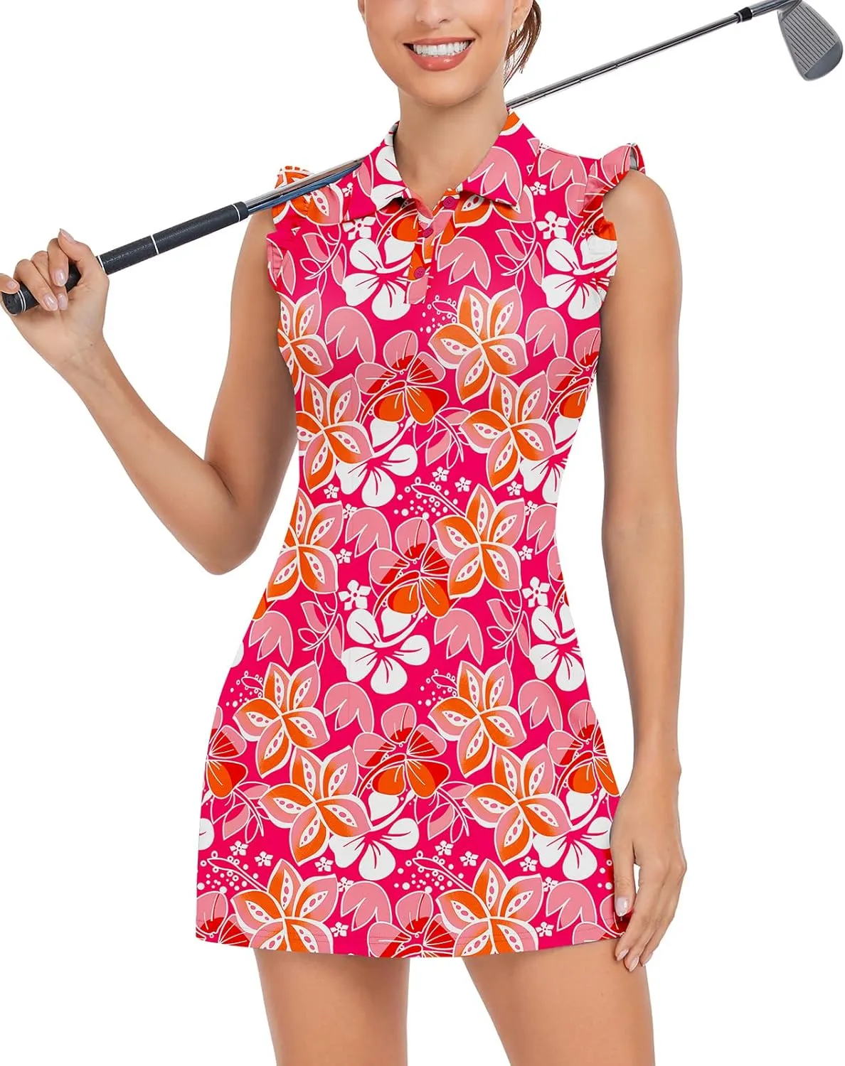 WOWENY Tennis Dress Polo Buttons Golf Dresses with Built in Shorts and Pockets Ruffle Sleeveless Athletic Workout Dress