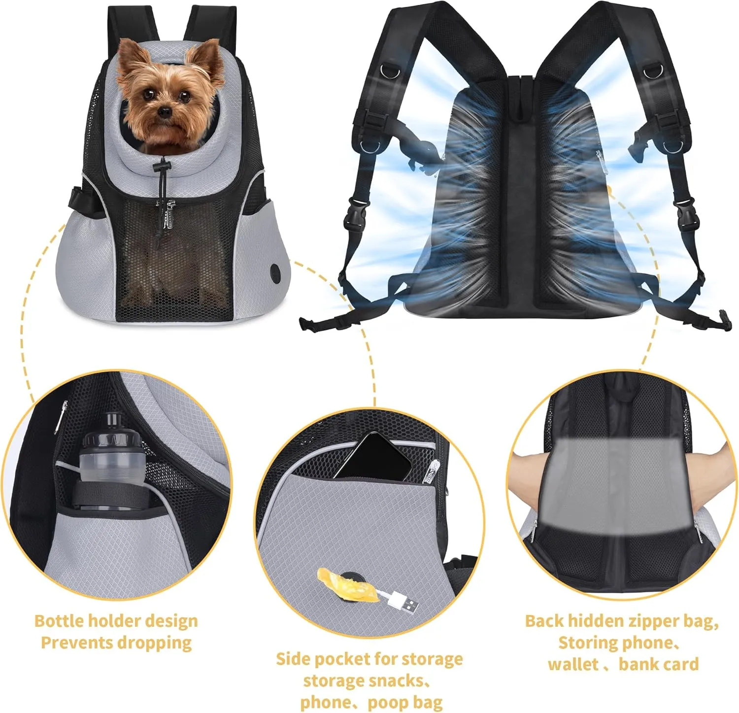 WOYYHO Pet Dog Carrier Backpack Small Dog Front Backpack Ventilated Mesh Dog Travel Back Pack with Safety Belt for Travel Hiking Cycling Outdoor Adventures (Size S: 2-4.5 lbs, Grey)