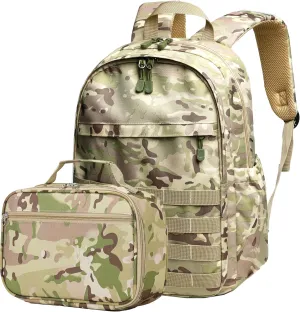 Wraifa Boys Backpack With Lunch Box Waterproof Kids School Bag Outdoor Travel Camping Daypack Camo Backpack for Boys Rucksack(Amy Green With Lunch Box, Small)