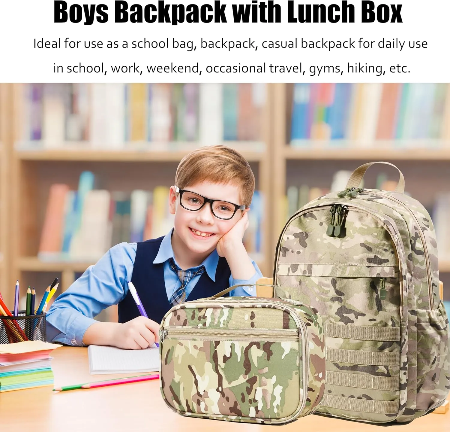 Wraifa Boys Backpack With Lunch Box Waterproof Kids School Bag Outdoor Travel Camping Daypack Camo Backpack for Boys Rucksack(Amy Green With Lunch Box, Small)