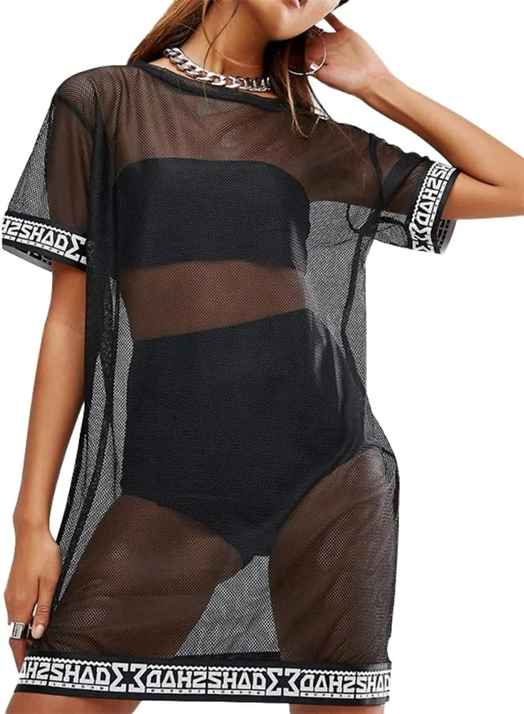 WuLun® Women's Sexy Beach Cover Ups Short Sleeve See Through Gauze Sheer Mesh T-Shirt Dress