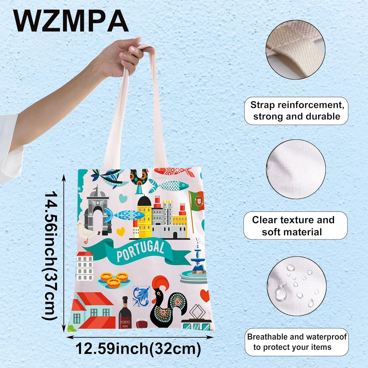 WZMPA Portugal Trip Tote Bag Portugal Travel Gift Portugal Culture Reusable Shoulder Bag Portugal Vacation Gift