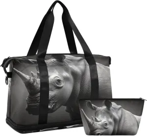 xigua Gym Bag Rhinoceros Portrait Travel Duffel Bag - Sports Gym Bag with Dry Wet Pocket Cosmetic bag & Shoes Compartment for Women and Men
