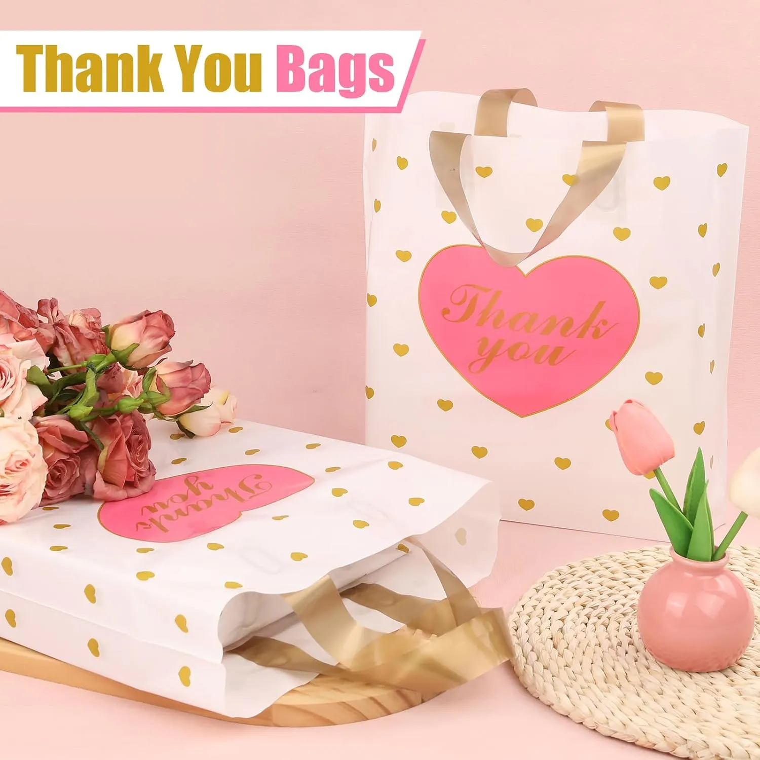 XPCARE 100 PCS Thank You Bag Gift Bags,12x14 Inch White Gift Bag with Handle,Reusable Plastic Shopping Bags for Business Small,Boutique Stores, Retail Stores,Party